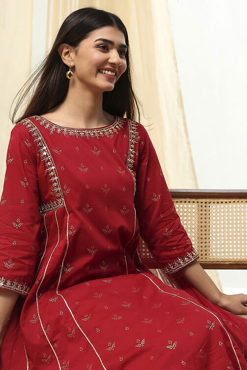 Cream-Colored Cotton Foil Printed Kalidar Suit Set image number 1