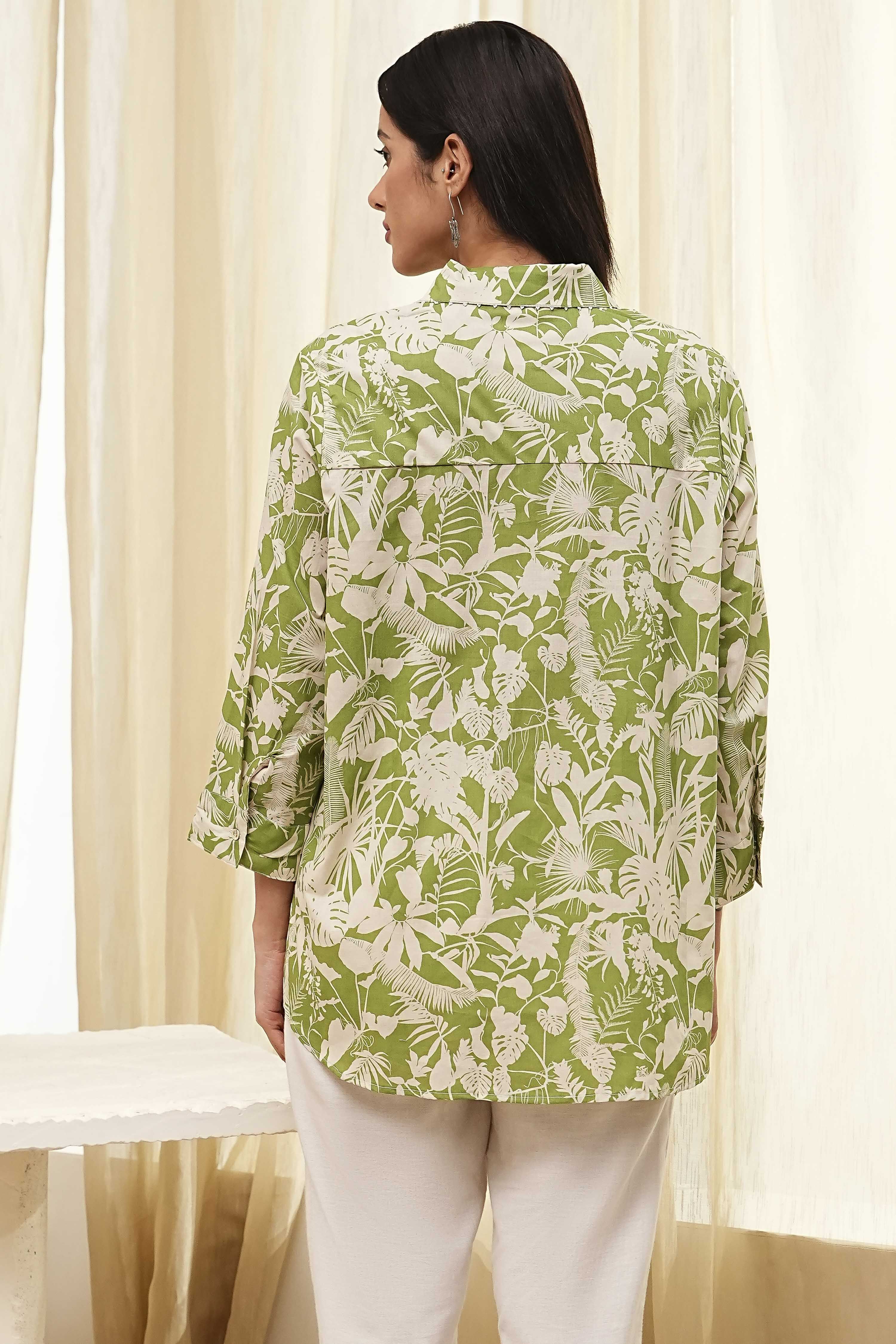 Green Cotton Floral Printed Straight Shirt image number 3