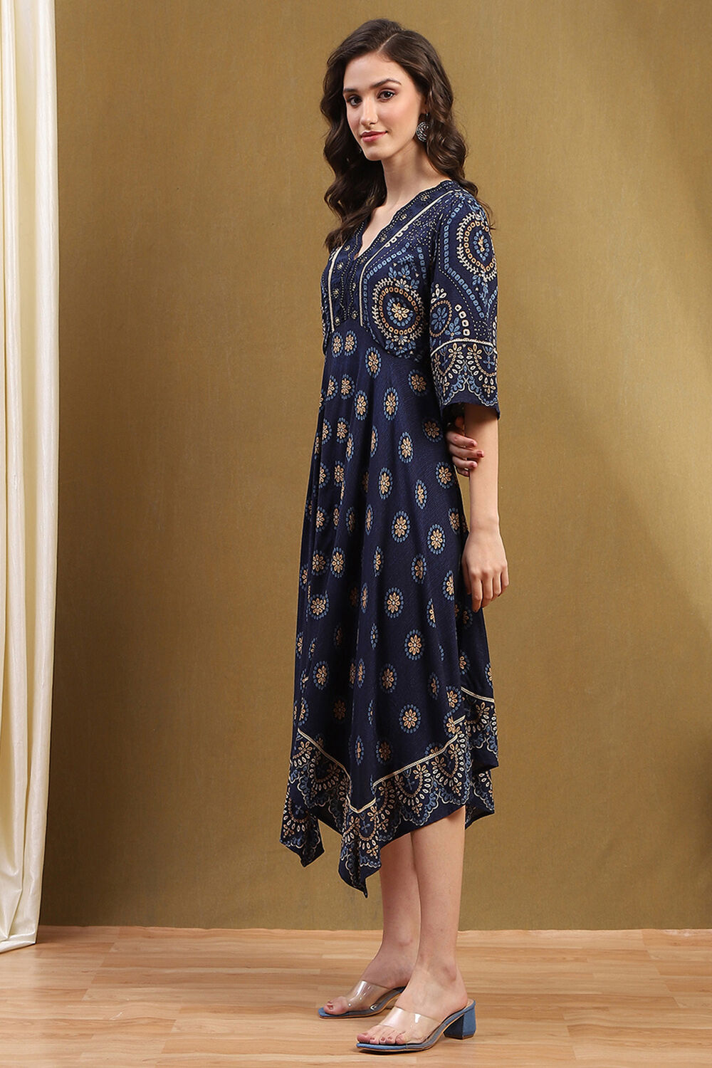 Blue Hand-Blocked Printed Handkerchief Flared Dress image number 2