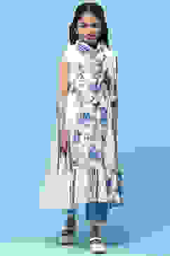 White & Blue Printed Cotton Tiered Kurta With Pants & Scarf image number 7