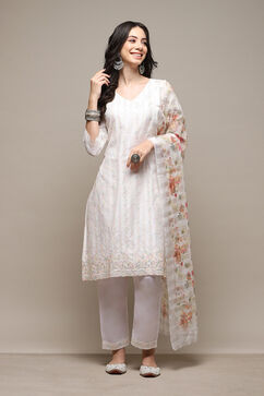 White Chanderi Digital Print Unstitched Suit Set image number 9