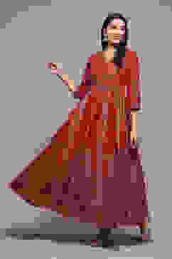 Red Cotton Flared Printed Dress image number 0