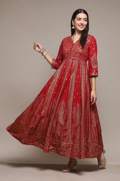 Red Cotton Flared Printed Dress image number 0