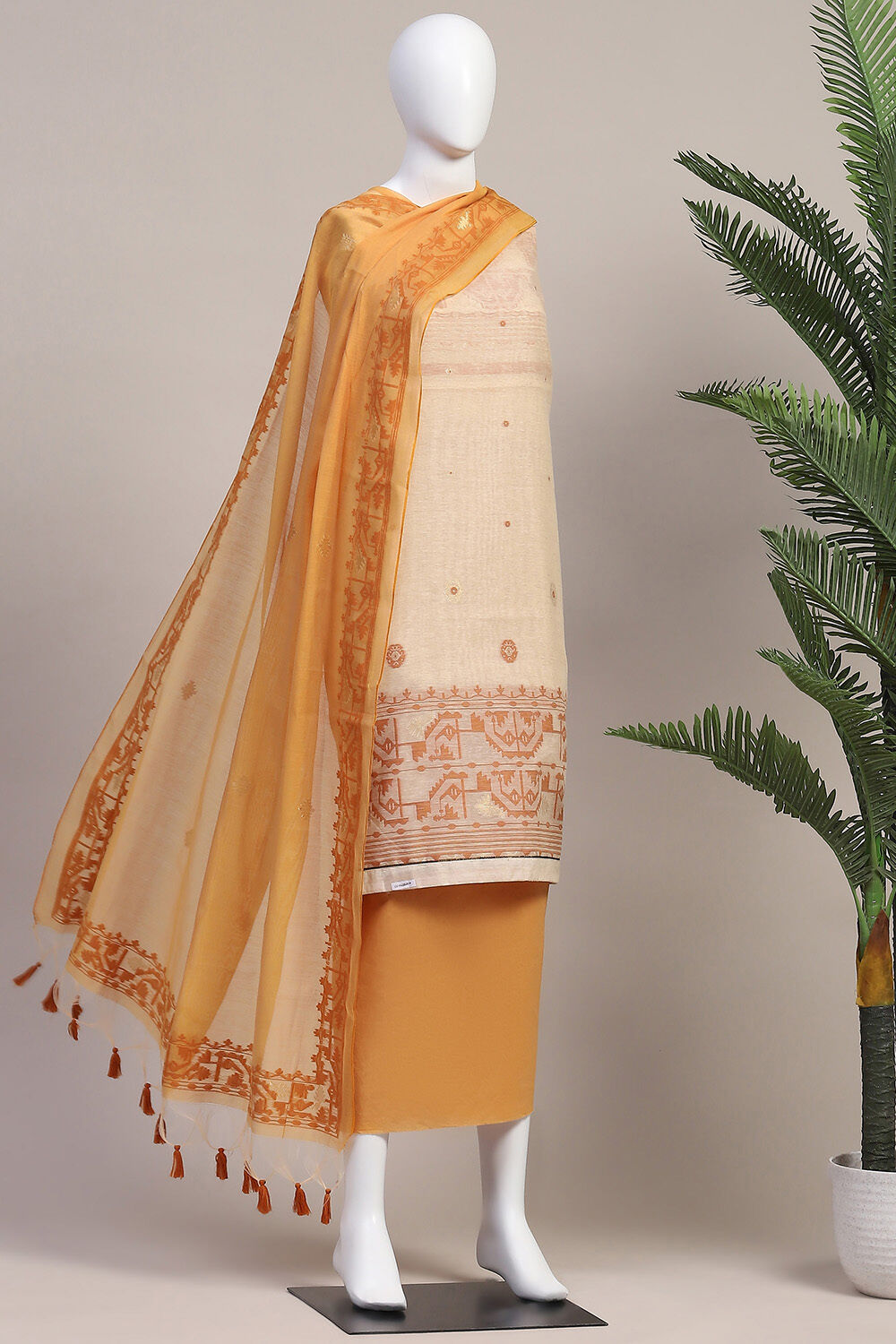 Beige and Yellow Chanderi Handloom Unstitched Suit Set image number 5