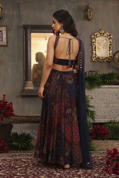 Navy Polyester Dyed Sharara Suit Set image number 4