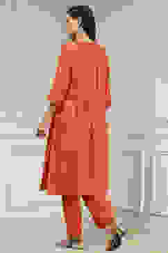 Orange Silk Embroidered Gathered Straight Suit Set image number 4