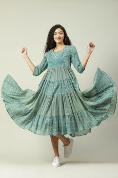 Teal Cotton Flared Fusion Printed Dress image number 5