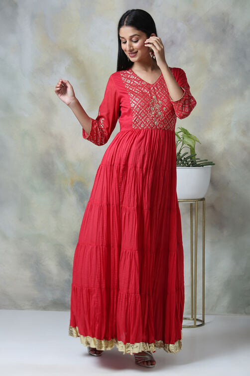 Red Cotton Fusion Wear Dress image number 2