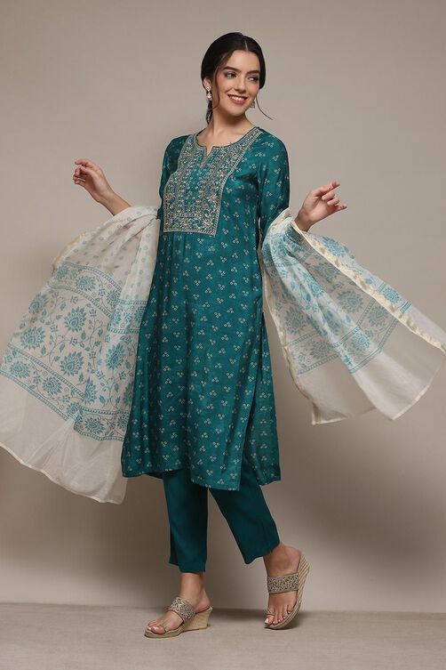 Peacock Green Modal Straight Kurta Slim Pant Suit Set image number 4