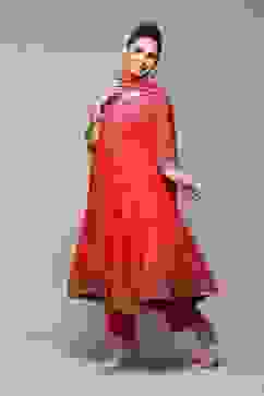 Red Cotton Anarkali Kurta Palazzo Suit Set image number 5