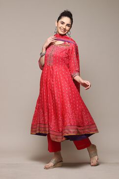 Red Cotton Anarkali Kurta Palazzo Suit Set image number 5