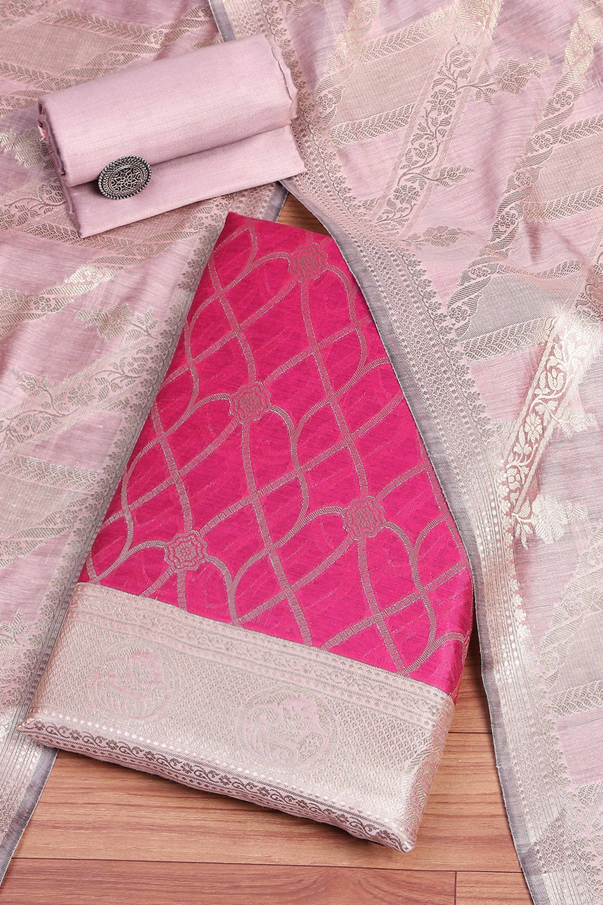 Pink Poly Silk Unstitched Suit Set