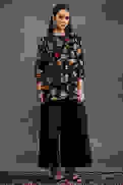 Rohit Bal Black Silk Chanderi Floral Printed Gathered Co-ord Set image number 5