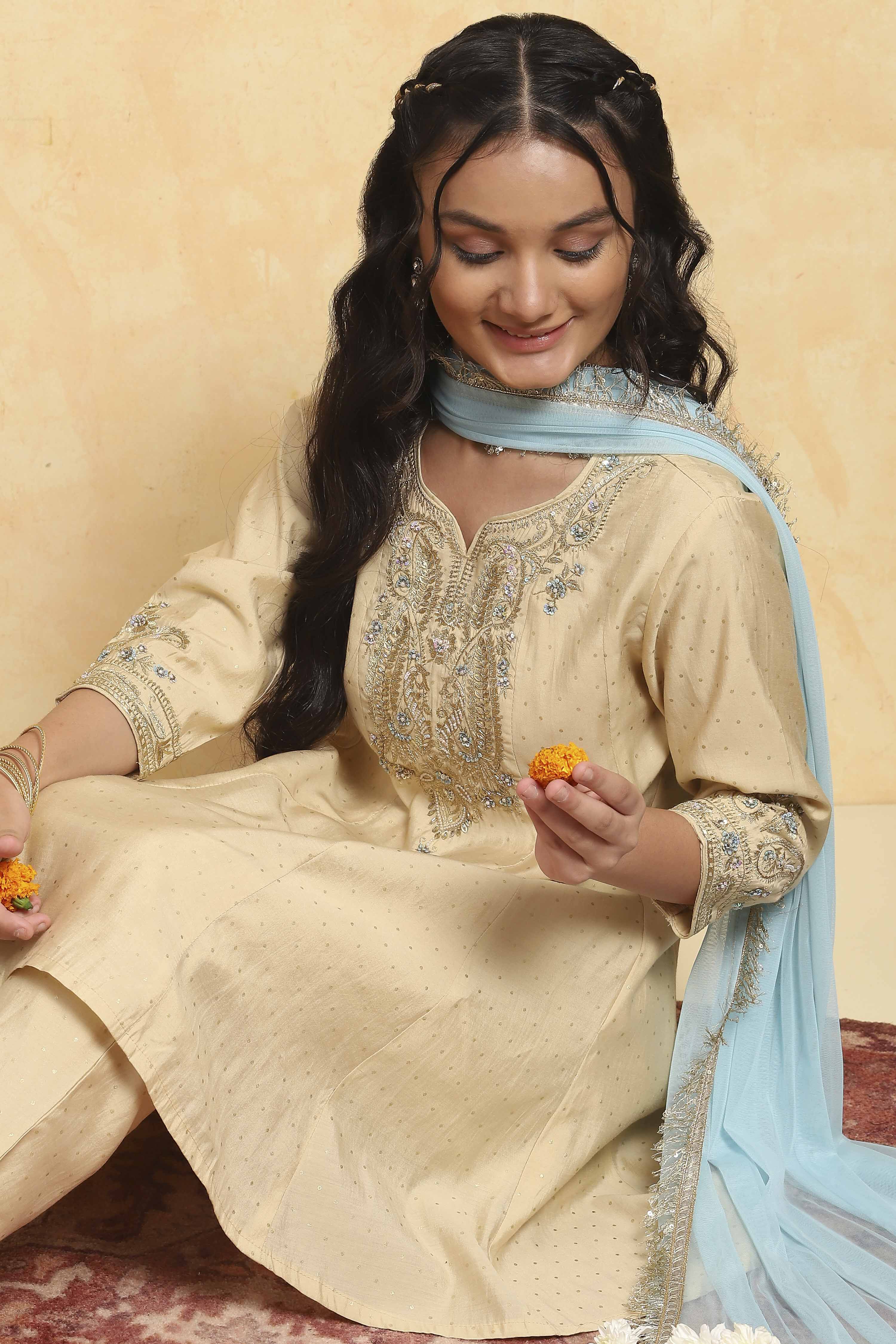 Beige Viscose Blend Kalidar Suits image number 7