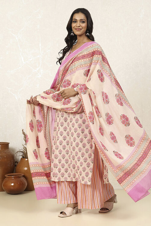 Pink Cotton Printed Unstitched Suit Set image number 4