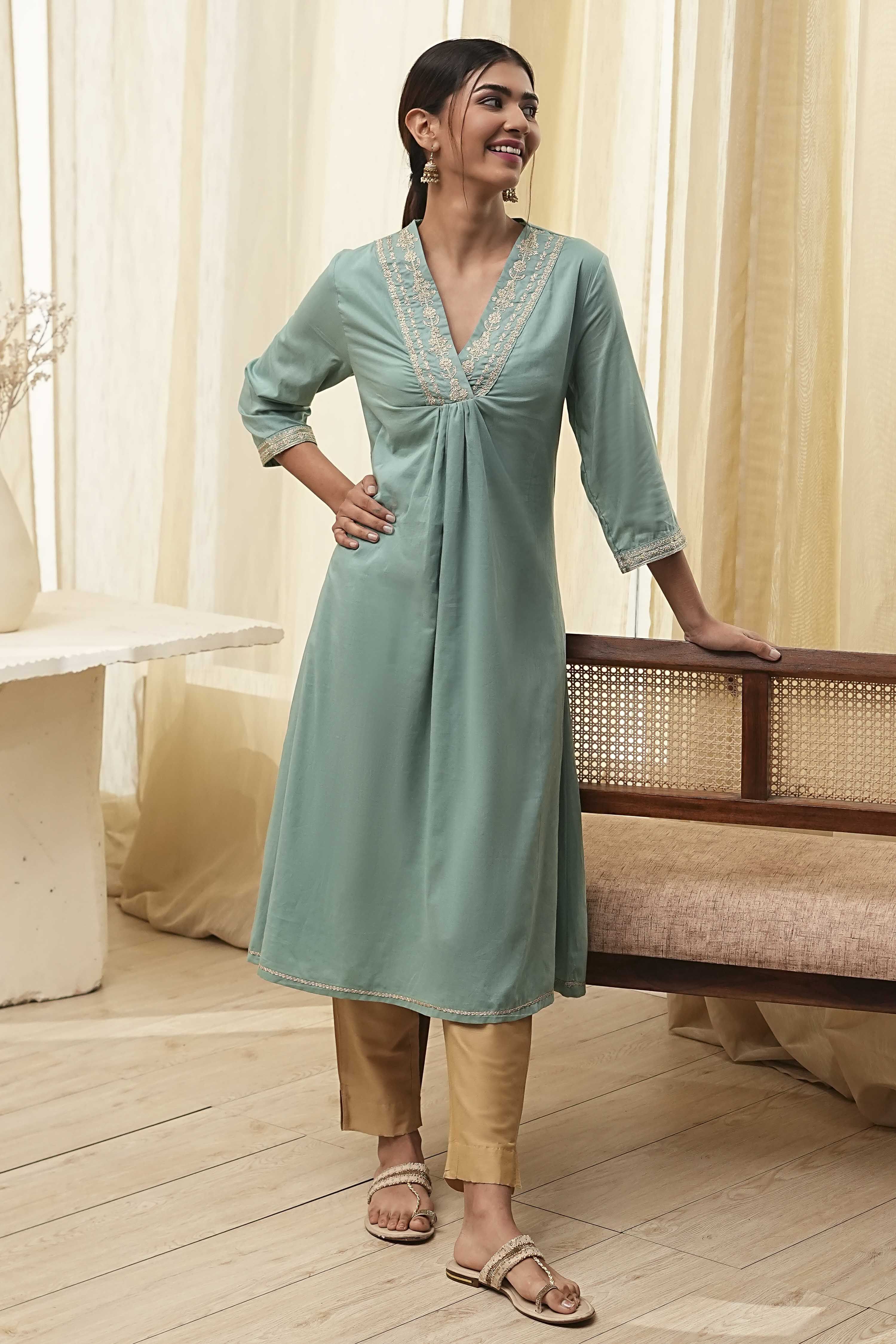 Dull Blue Pure Cotton Gathered Kurta image number 0