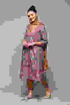 Beige Poly Cotton Layered Kurta Salwar Suit Set image number 5