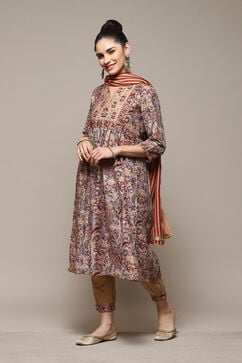 Beige Poly Cotton Layered Kurta Salwar Suit Set image number 6
