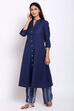 Navy Blue Cotton Flax A-Line Kurta Palazzo Suit Set image number 2