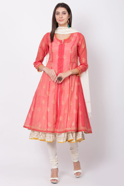 Coral Poly Cotton Front Open Kurta Churidar Suit Set image number 0