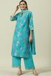 Turquoise Printed Cotton Straight Suit Set image number 0