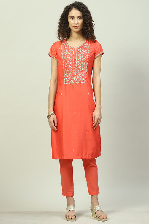 Mustard Art Silk Straight Kurta Slim Pants Suit Set image number 7