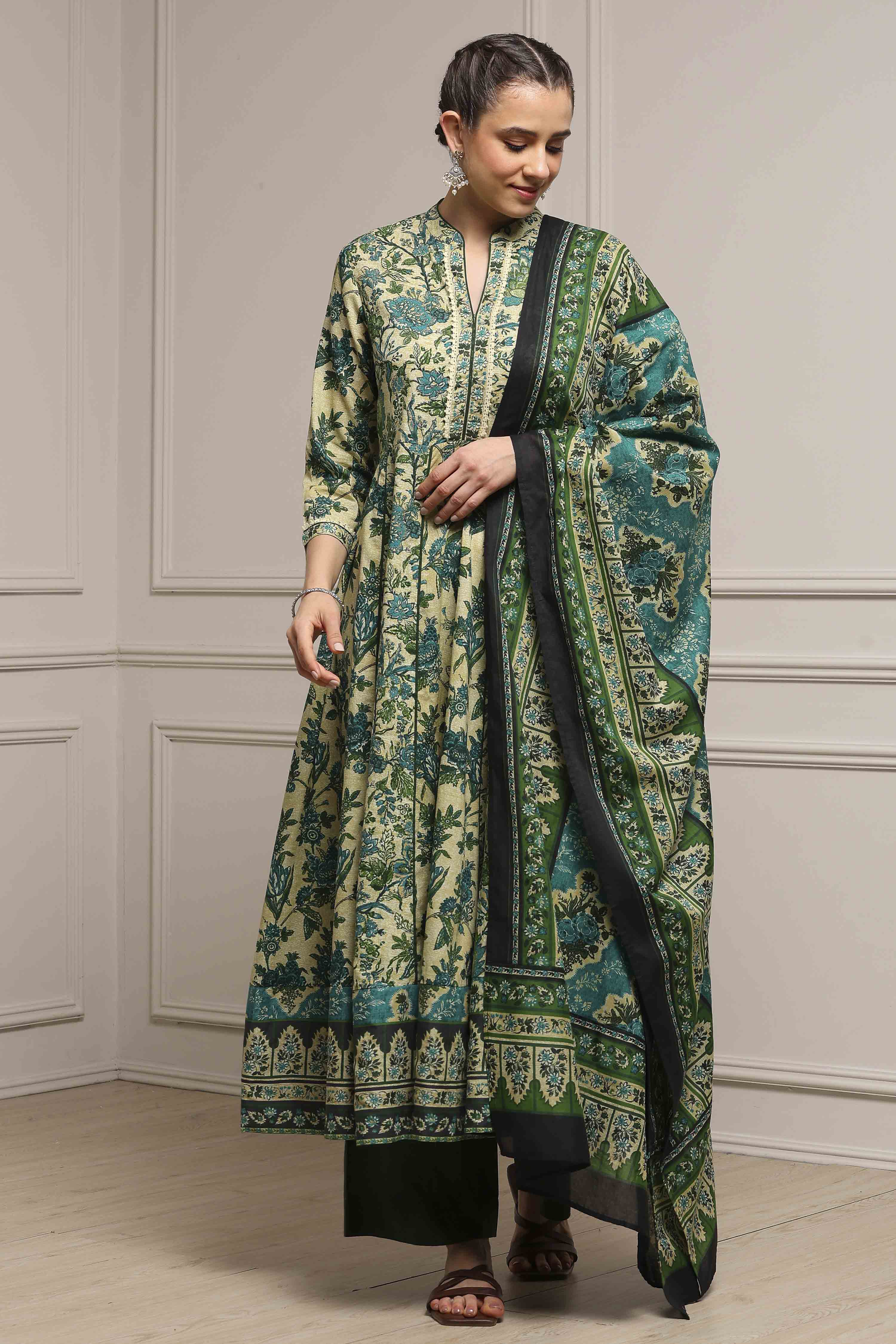 Beige and Green Cotton Printed Anarkali Suit Set image number 0