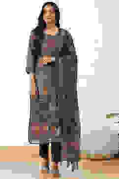 Yellow Chanderi Printed  Embroidered Unstitched Suit Set image number 4