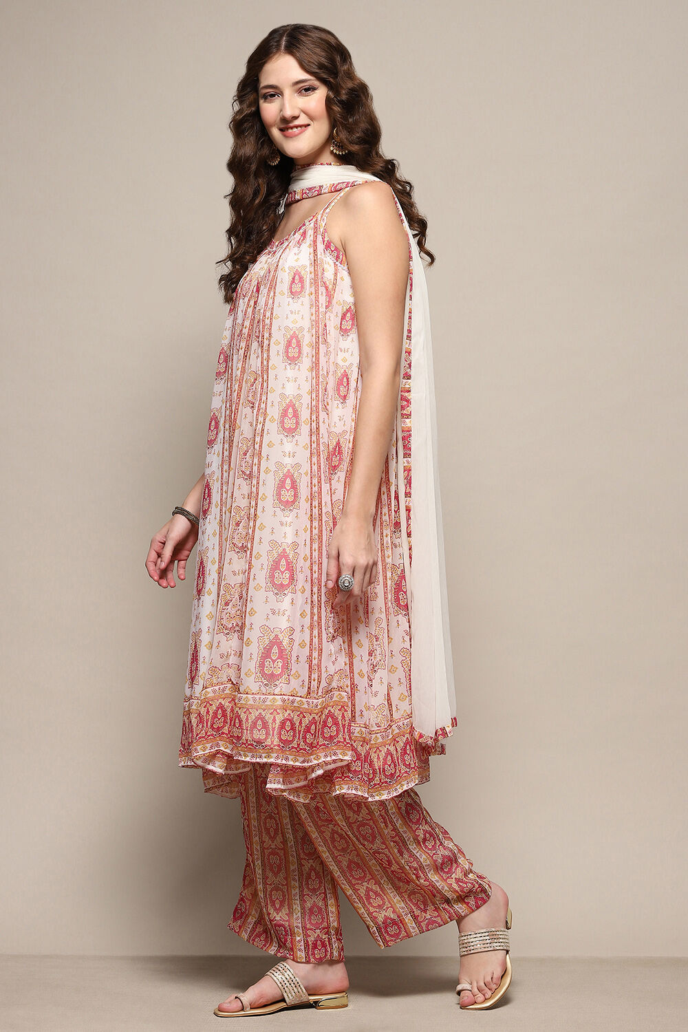 Cream Printed Strappy A-Line & Palazzo Suit Set image number 4