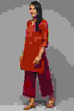 Red Cotton Blend Straight Kurta Palazzo Suit Set image number 3