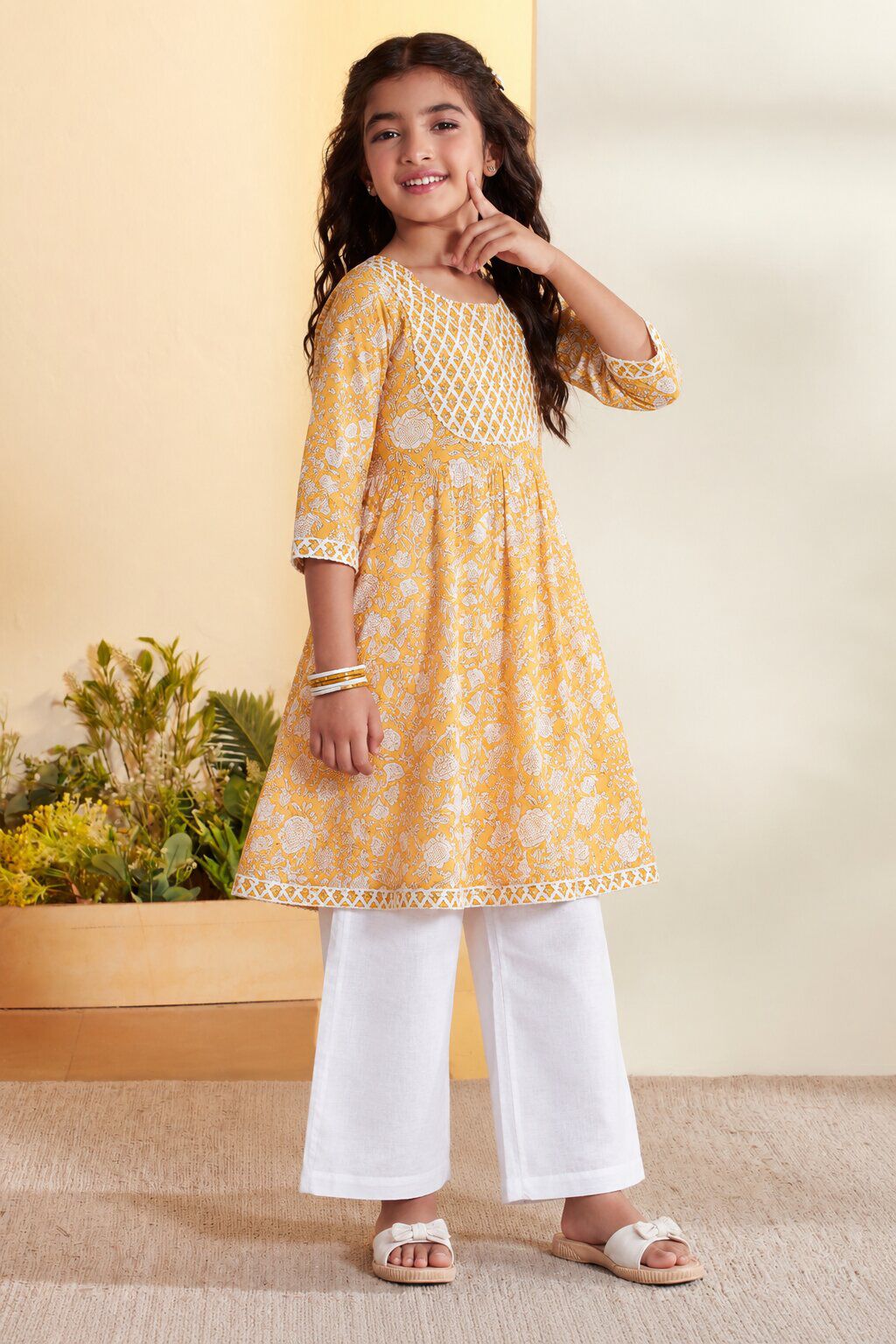 Mustard Cotton Floral Kalidar Kurta and Palazzo Set image number 3