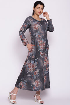 Dark Grey Floral Winter Printed Dress image number 5