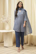 Grey & Pink Art Silk Straight Kurta Pant Suit Set image number 6