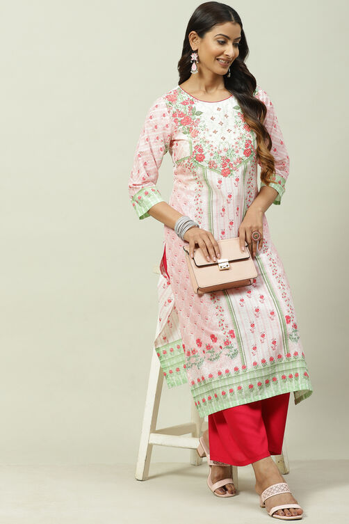 Pink Cotton Straight Printed Kurta image number 5