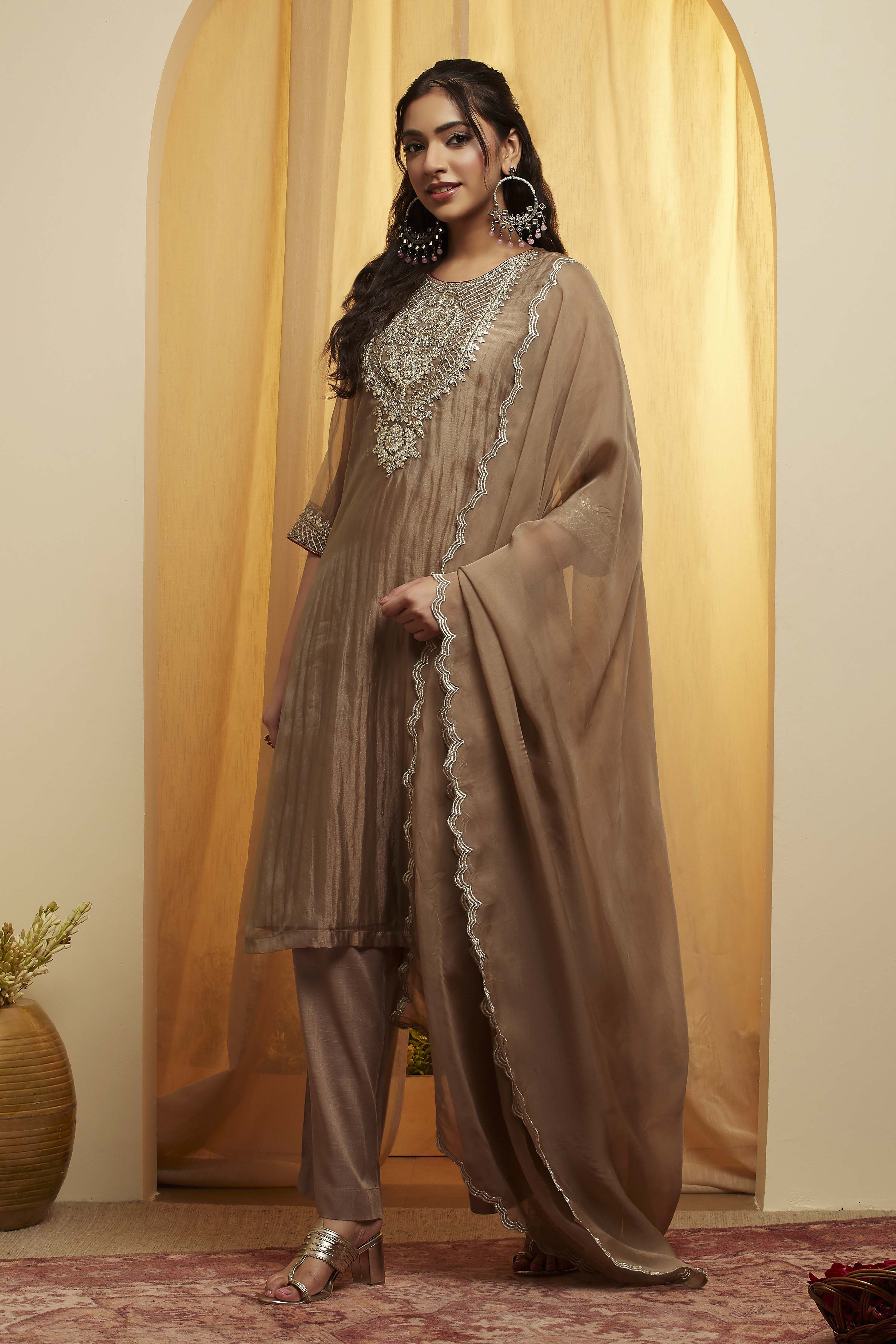 Grey Viscose Metallic Straight Suit Set image number 0