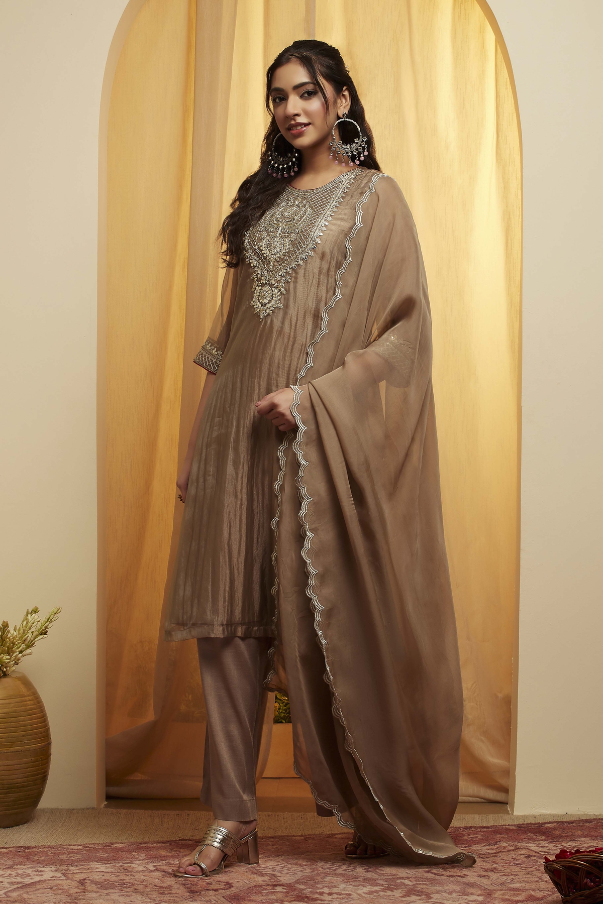 Grey Viscose Metallic Straight Suit Set
