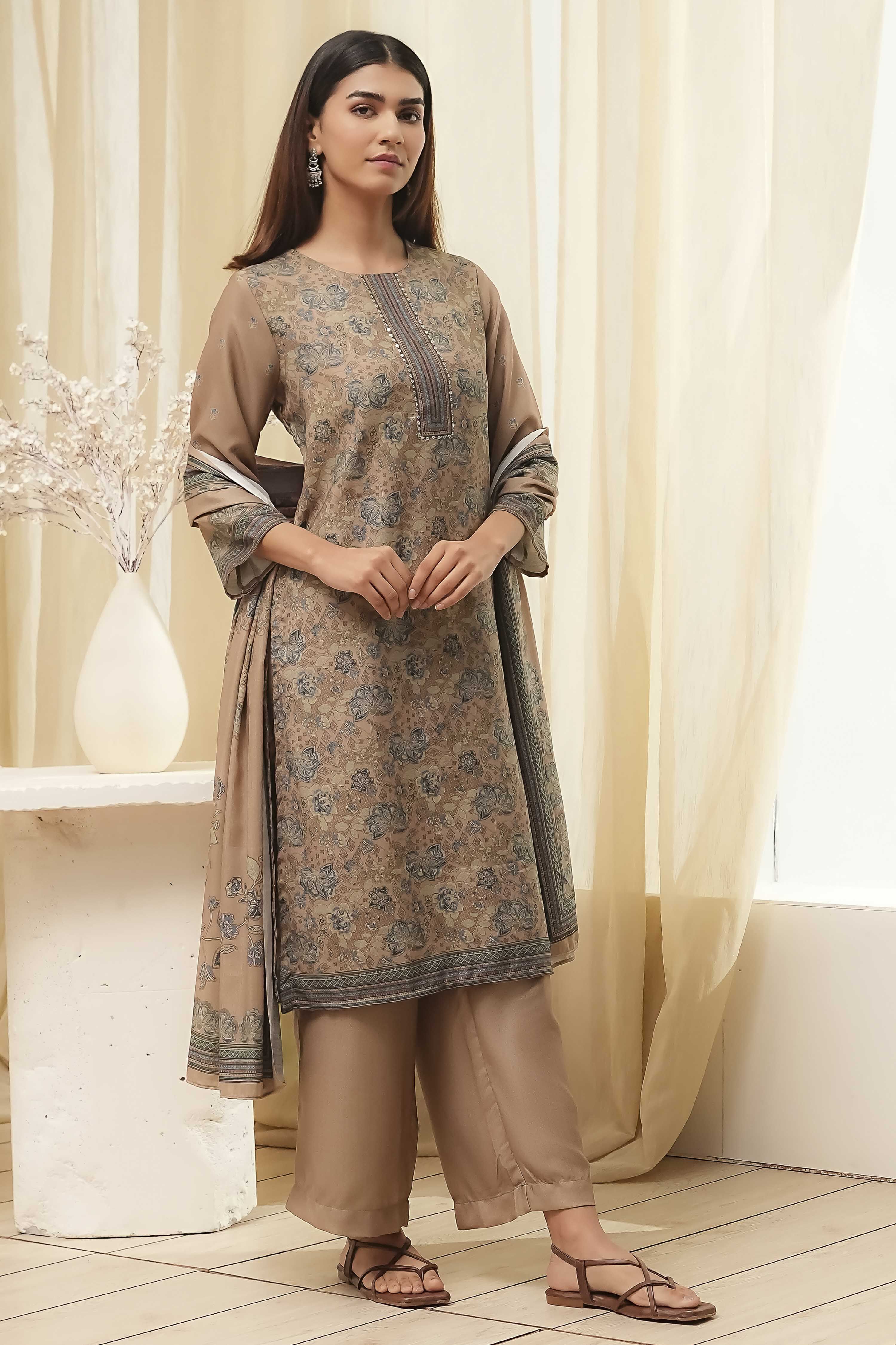 Camel Art Silk Straight Suit Set image number 5