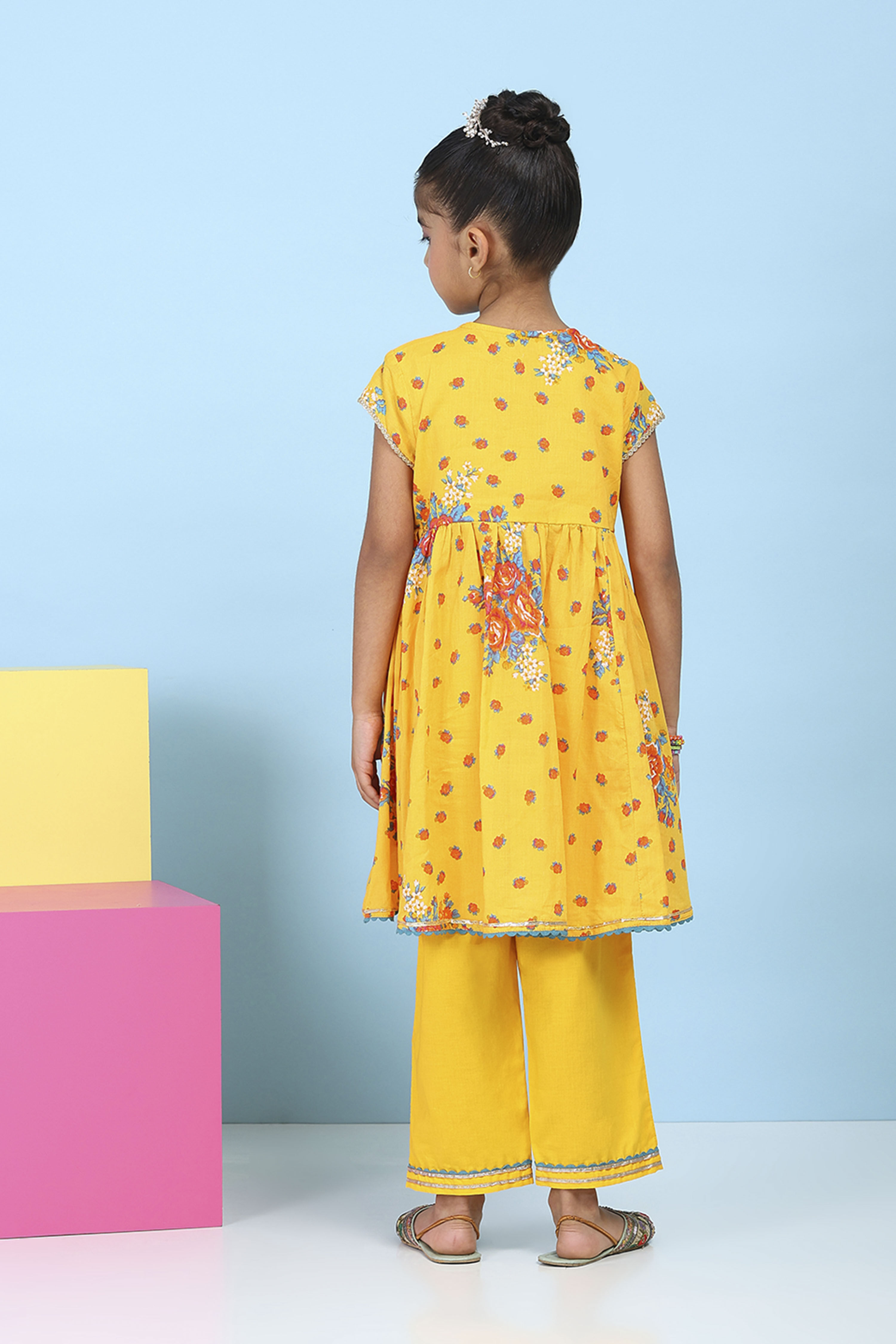 Yellow Cotton Printed Anarkali Suit Set image number 4