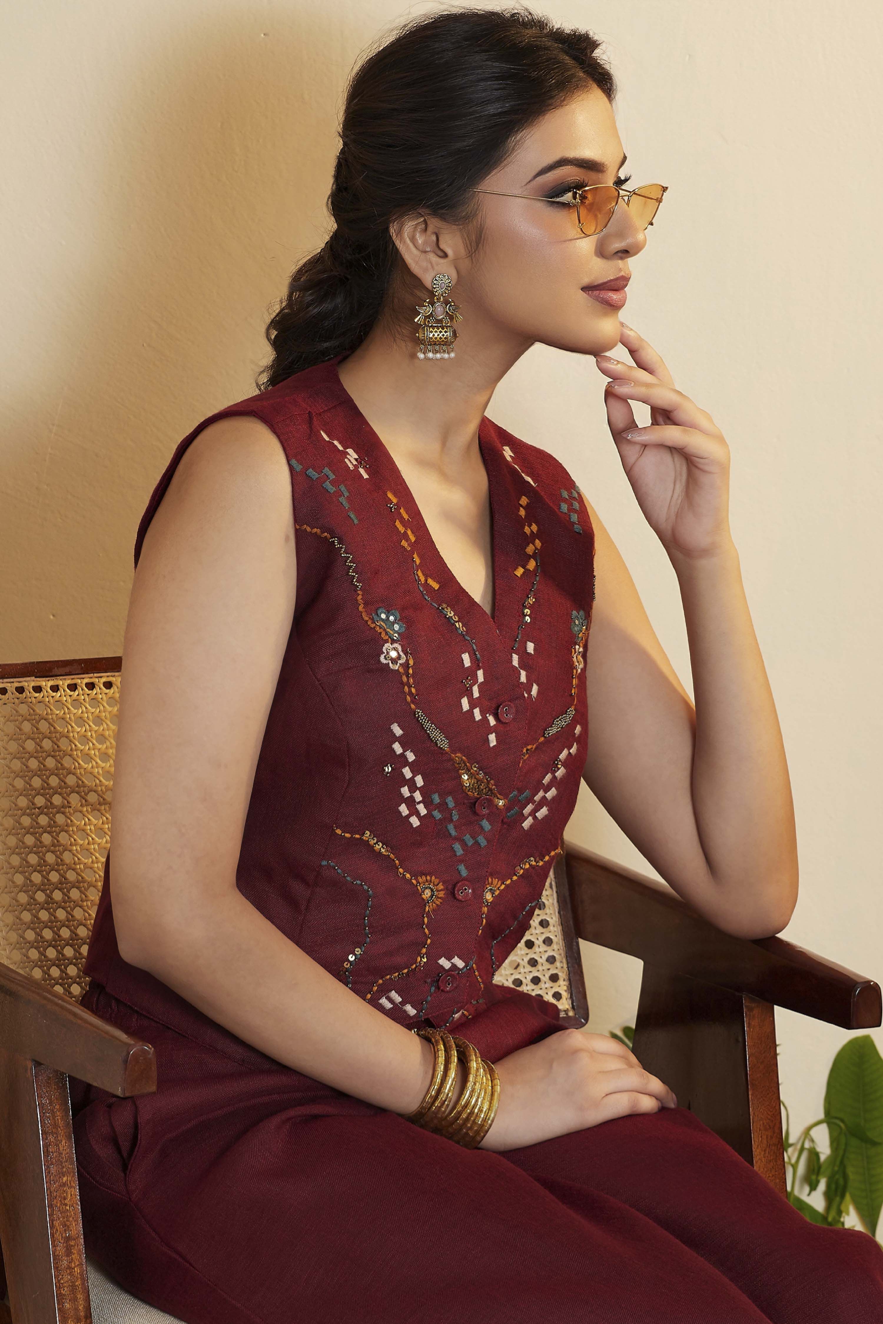 Maroon Embroidered Sleeveless Fusion Set image number 1