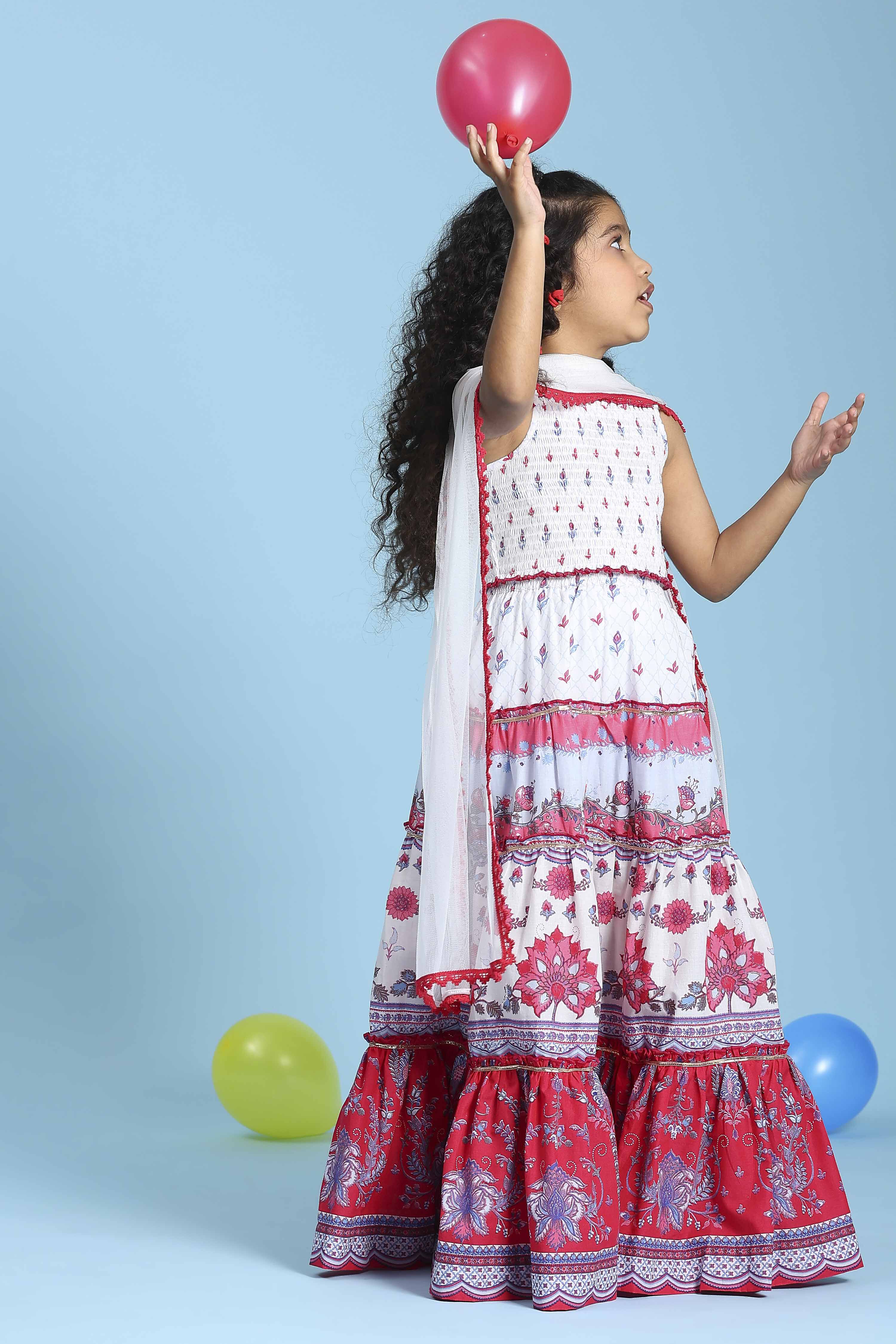 White Cotton Printed Regular Lehenga Set image number 6