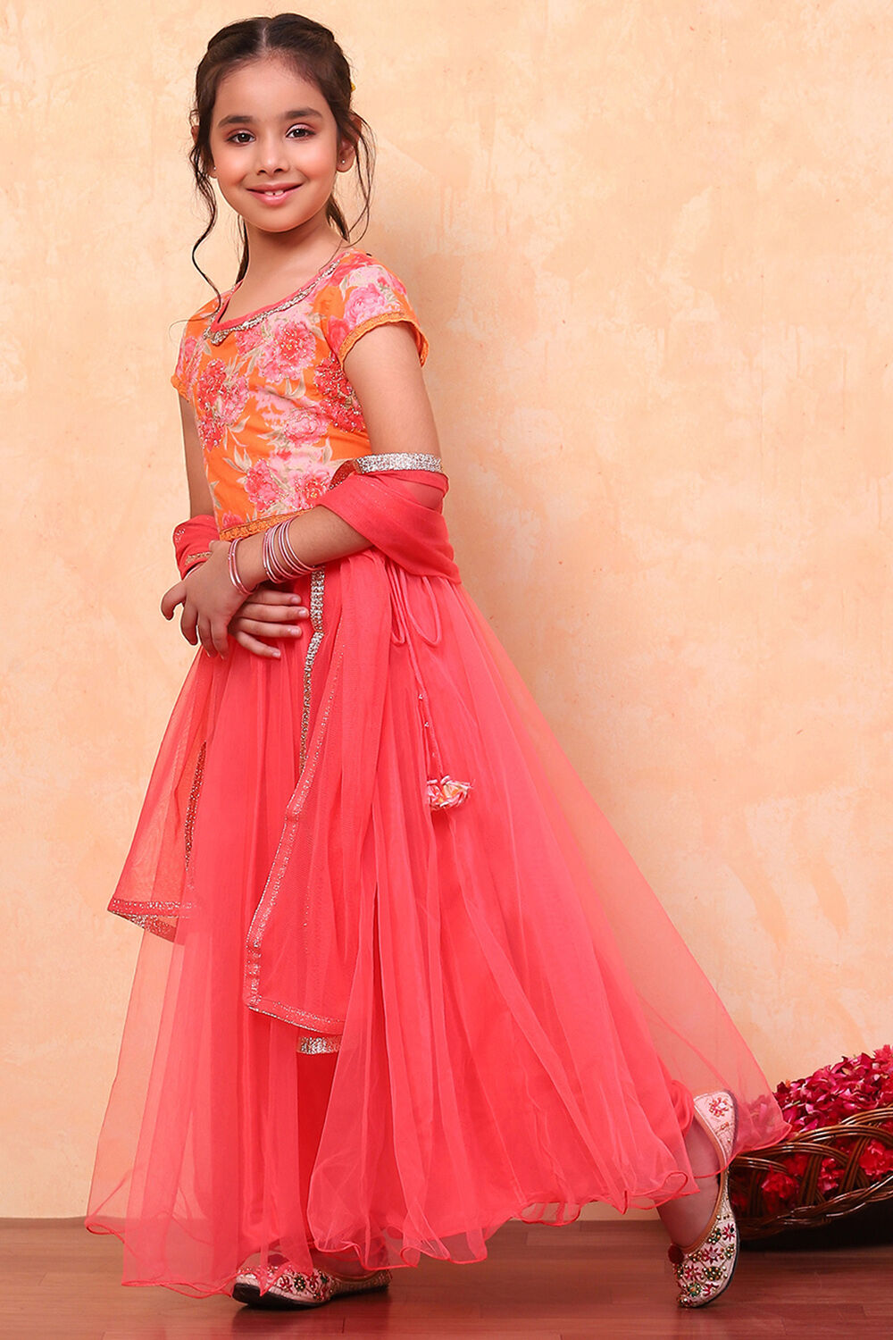 Orange and Pink Floral Festive Flared Lehenga Set image number 5