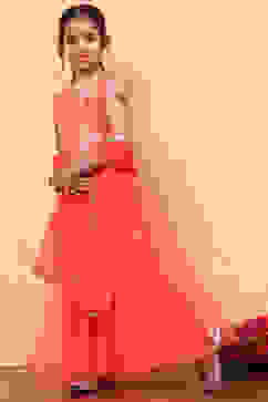 Orange and Pink Floral Festive Flared Lehenga Set image number 5