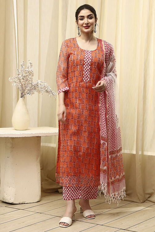 Yellow Cotton Hand Block Print Unstitched Suit Set image number 7