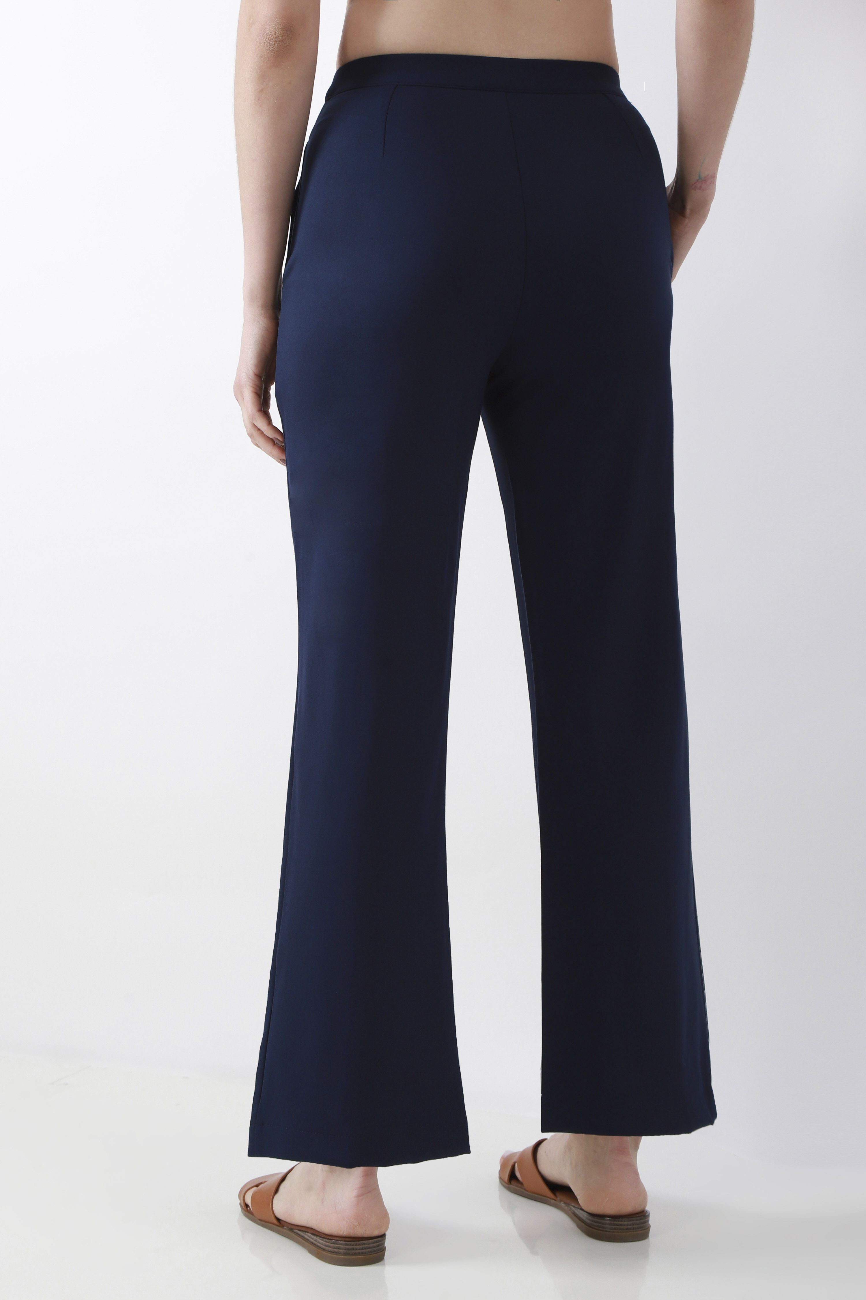 Navy Blue Solid Wide Leg Pants image number 5