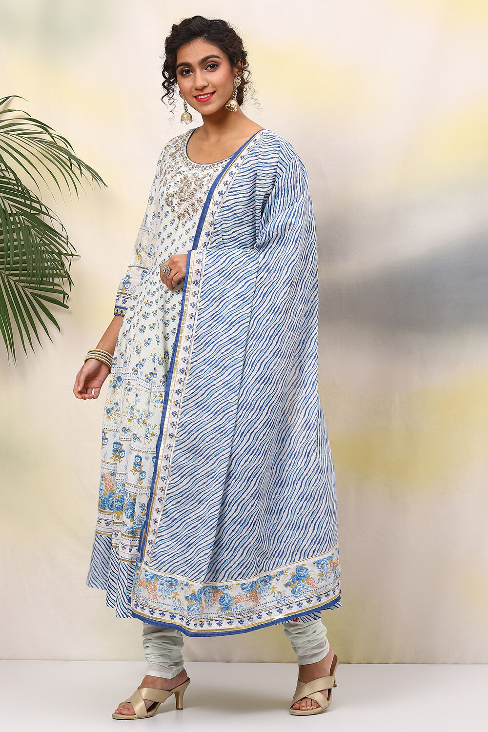Ivory Cotton Anarkali Kurta Churidar Suit Set image number 5