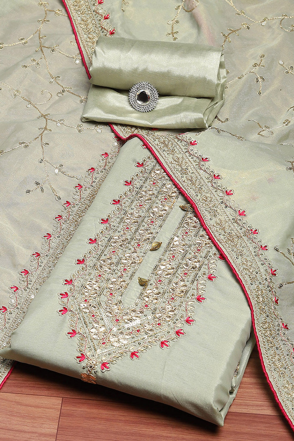 Green Tissue Machine Embroidered Unstitched Suit Set image number 0