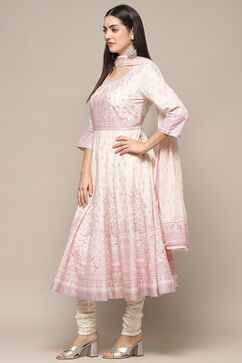 Off White Cotton Anarkali Suit Set image number 4