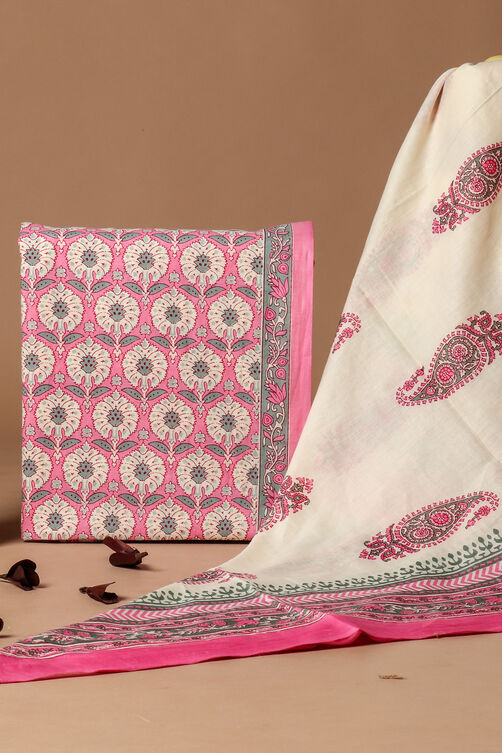 Pink Cotton Screen Print Unstitched Suit Set image number 1