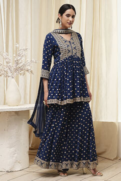 Teal Blue Georgette Embroidered Peplum Suit Set image number 5