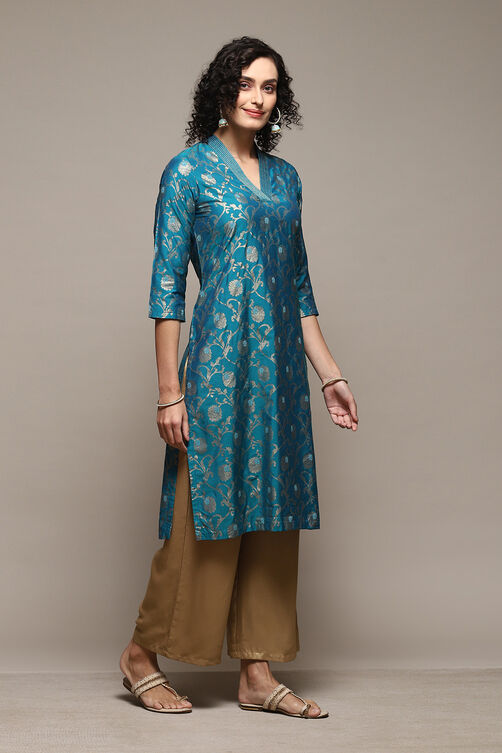 Teal Poly Viscose Straight Printed Kurta image number 3